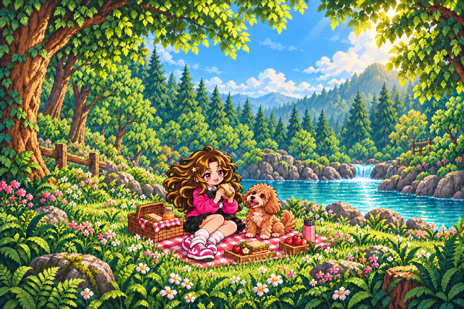 Java and Dash sharing sandwiches on a red checkered picnic blanket beside a forest lake